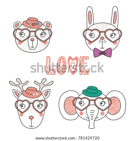 Set of hand drawn portraits of cute funny animals in heart shaped glasses, with romantic quotes. Isolated objects on white background. Vector illustration. Design concept children, Valentines day card