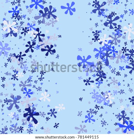 Blue Flowers of Different Sizes on a Blue Background. Abstraction with Flowers. Confetti. Spring. A Scattering of Confetti. Placer from the Flowers. Banner, Textile, Card. Vector Illustration.