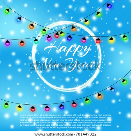 Happy new year 2018 background with bokeh effect. Elegant christmas blue background with snowflakes, sparkles and garlands. Led neon lamp. Christmas lights. Greeting card design template.