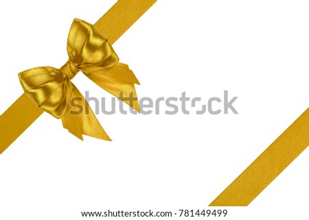 Set of luxury golden satin ribbon bow with tails with parallel ribbons   on white background
