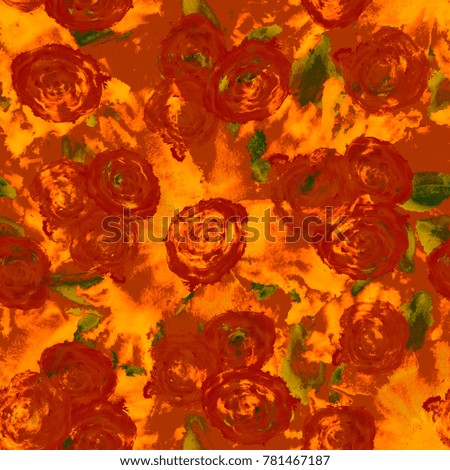 Watercolor Roses. Seamless Pattern with Big Hand Painted Watercolor Flowers of Rose or Peony. Digitally Proceeded Abstract Background. Floral Pattern for Textile, Fabric, Wallpaper. Fantastic Colors