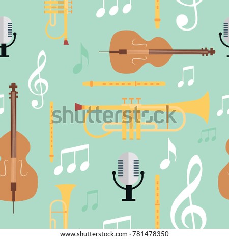 Seamless music pattern with musical instruments. Vector Illustration