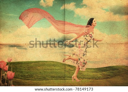 beauty young woman running on meadow in dress with red scarf, vintage collage