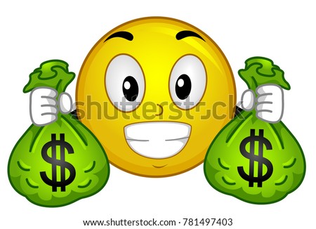 Illustration of a Smiley Mascot Holding Sacks Full of Money with Dollar Sign