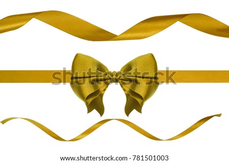 Set of Christmas golden silk horizontal ribbons with ribbon bow   on white background