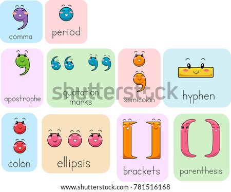 Illustration of Punctuation Mark Mascots from Comma, Period, apostrophe, quotation marks, semicolon, hyphen, colon, ellipsis, brackets and parenthesis