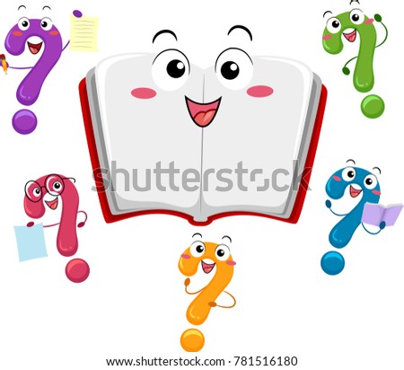 Illustration of an Open Book Mascot Surrounded by Different Question Mark Mascots