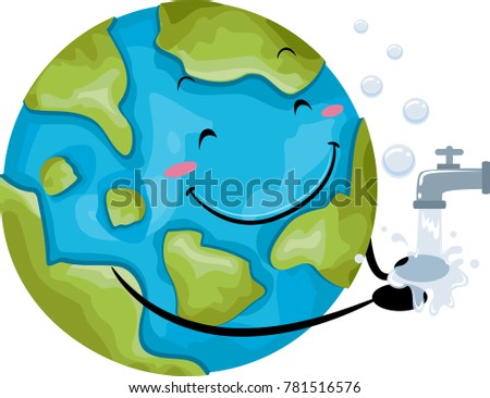Illustration of a Globe Mascot Washing Its Hand with Tap Water