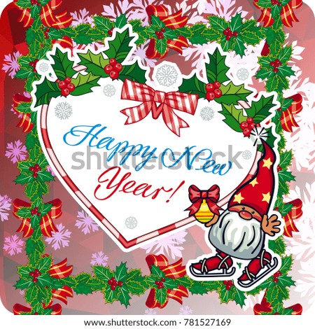 Square holiday card with funny gnomes and greeting text "Happy New Year!" Raster clip art.