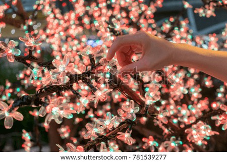 Woman hand holding the LED clear flower for decoration. Christmas and New Year concept