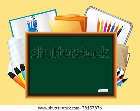 Education background with blackboard, whiteboard, pencils, highlighters, note book and folders
