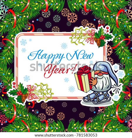 Square holiday card with funny gnomes and greeting text "Happy New Year!" Raster clip art.