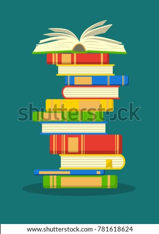 Stack of colorful books with open book on teal background. Education vector illustration.