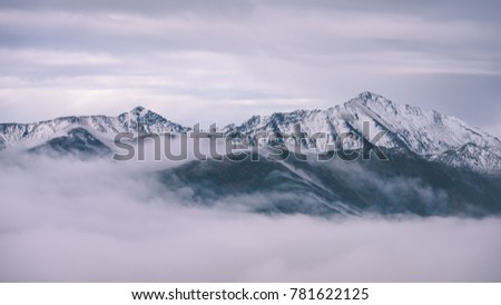 western carpathian mountain tops in  autumn covered in mist or clouds. panoramic view from a distance - vintage film look