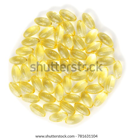 Cod liver oil omega 3 gel capsules on white background