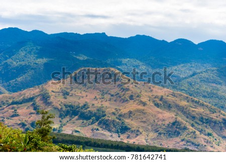 Panoramic view from road, rural landscape, mountains deforestation in Guatemala, Central America.