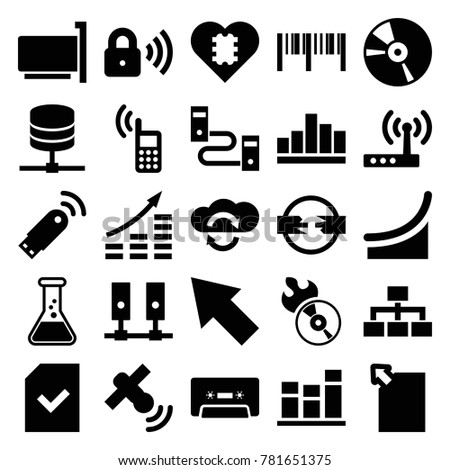 Data icons. set of 25 editable filled data icons such as money growth, cpu in heart, test tube, structure, disc flame, cd, cassette, server, cloud sync, phone connection cable