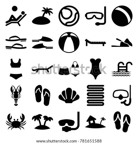 Beach icons. set of 25 editable filled beach icons such as crab, ball, towels, slippers, underwater mask, volleyball, swimsuit, palm, home on island, snorkel, sunbed