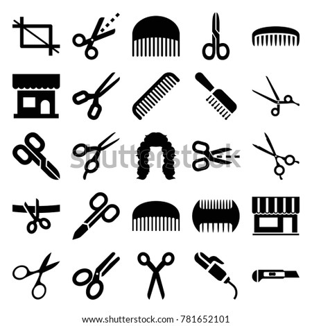 Scissors icons. set of 25 editable filled scissors icons such as comb, beauty salon, hair curler, cutter, crop