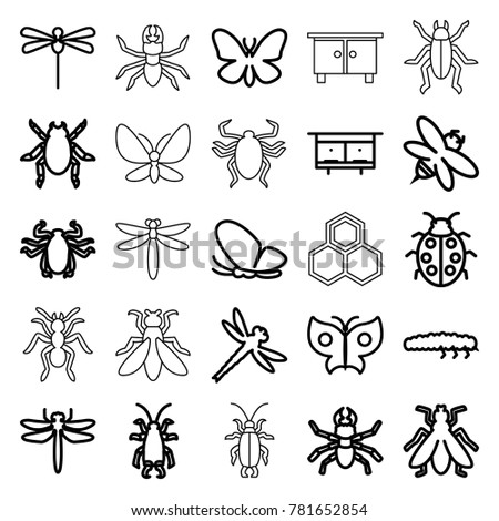 Insect icons. set of 25 editable outline insect icons such as beehouse, dragonfly, beetle, butterfly, fly, bee, ladybug, caterpillar, ant