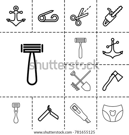 Sharp icons. set of 13 editable outline sharp icons such as pin, bllade razor, razor, axe, chain saw, anchor, scissors, shovel and rake, children panties