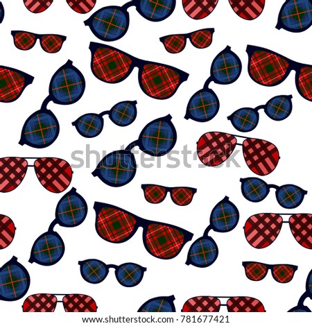Seamless pattern glasses  on tartan background. 
