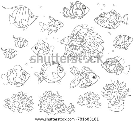 Black and white vector set of fishes in cartoon style