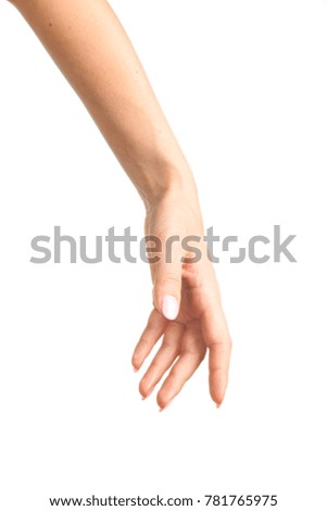 Side view of beautiful relaxed right female hand palm with neutral manicure isolated on white background. Detailed closeup studio shot.
