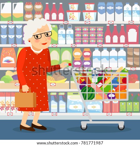 Grandmother shopping illustration. Old lady with shopping cart and the store shelves with diary products, fruits and household chemicals