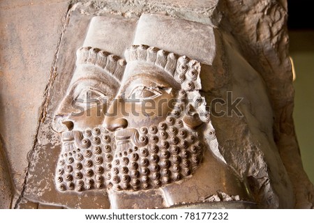 Two heads, Ancient bas-reliefs of Persepolis, Iran