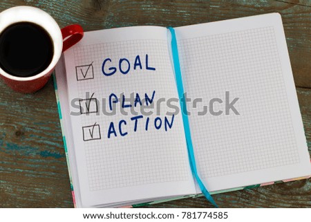 New year goal, plan, action - text on notepad with cup of coffee. Business motivation,inspiration concepts.