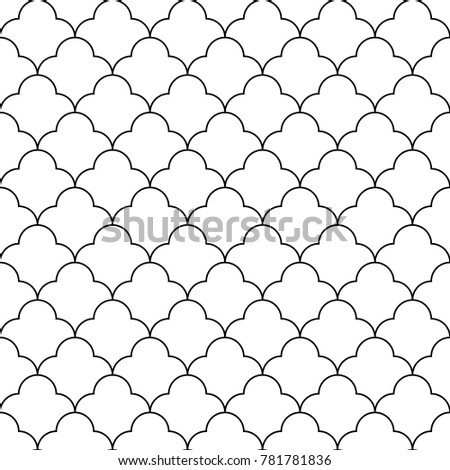 Seamless surface pattern design with quatrefoil figures. Oriental traditional ornament with repeated rounded shapes. Window tracery wallpaper. Grid motif. Digital paper. Vector art illustration.