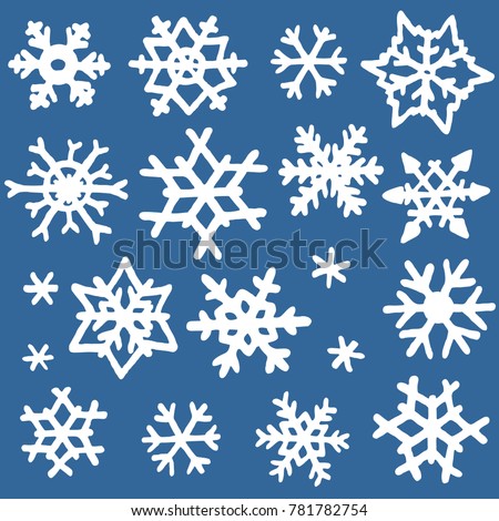 Vector illustration set of different shapes freehand drawn cartoon winter snowflakes made in kid childish style