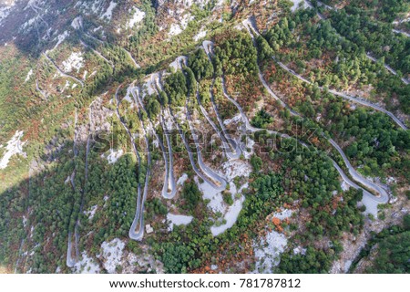 Aerial view on the Old Road serpentine in the national park Lovcen, Montenegro. 