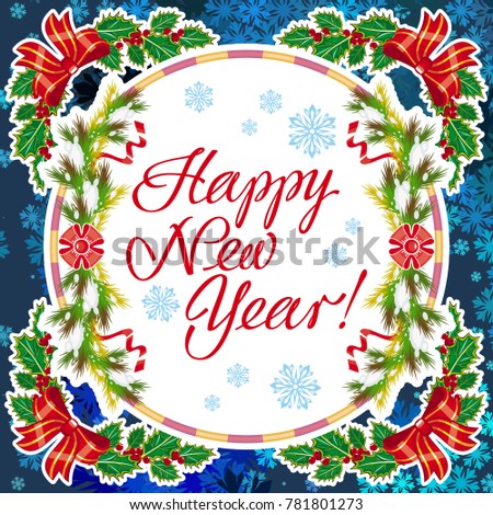 Winter holiday greeting card with Christmas decorations and artistic written text "Happy New Year!". New Year Eve. Raster clip art.
