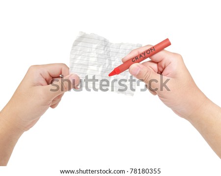 Hands holding crumpled paper note with red color crayon