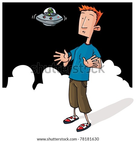 Cartoon Alien encounter with small UFO. Night time