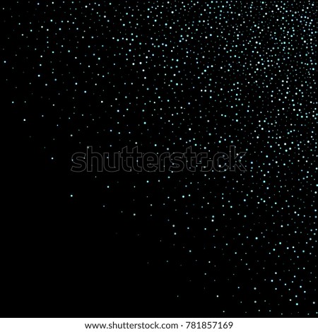 Stars, circles, shiny confetti. Scattered little, sparkling, flashing blue, glitter elements. Random tiny stellar falling on black background. New Year and Christmas background. Vector illustration.