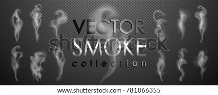 Smoke vector collection, isolated, transparent background. Set of realistic white smoke steam, waves from coffee,tea,cigarettes, hot food,... Fog and mist effect.