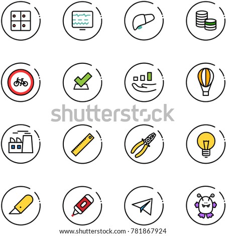 line vector icon set - baggage room vector, diagnostic monitor, liver, coin, no bike road sign, check, growth, air balloon, plant, ruler, pliers, bulb, work knife, marker, paper plane, toy monster