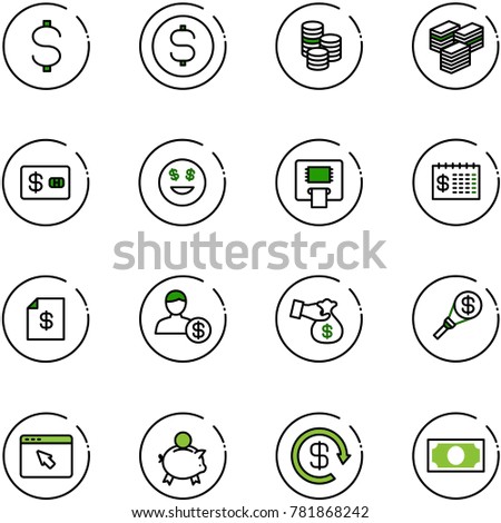 line vector icon set - dollar vector, coin, big cash, credit card, smile, atm, finance calendar, account statement, encashment, money torch, cursor browser, piggy bank, reload