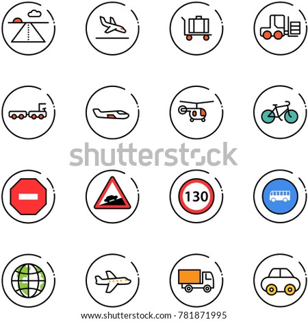 line vector icon set - runway vector, arrival, baggage, fork loader, truck, small plane, helicopter, bike, no way road sign, climb, speed limit 130, bus, globe, toy, car