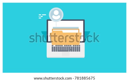 Cool icon laptop and document folder, share public files, internet document access concept, cloud file accounting vector flat illustration