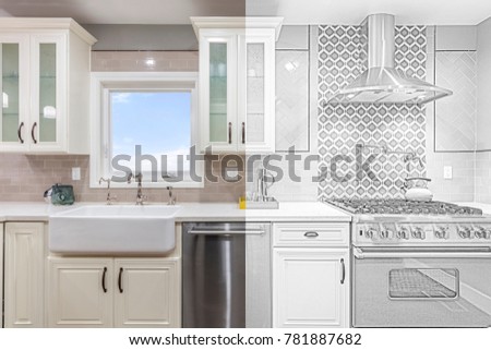 Architectural drawing of kitchen - Illustration - Drawing from Split screen to Photograph 