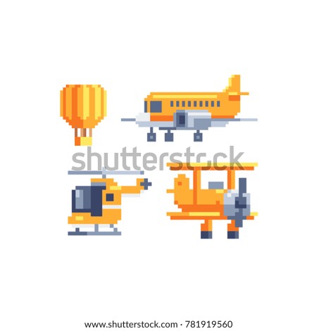 Air transport. Pixel art style icons. Airplane, helicopter and balloon. 8-bit. Game assets. Isolated abstract vector illustration.