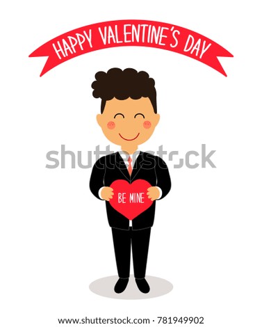 Cute Valentine's Day card with funny cartoon character of loving boy with heart in hands for your decoration