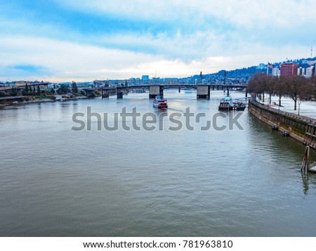 Cityscape Willamette river, view from Burnside Bridge in downtown Portland