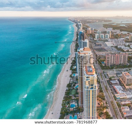 Amazing sunset aerial view of Miami Beach skyline, Florida.