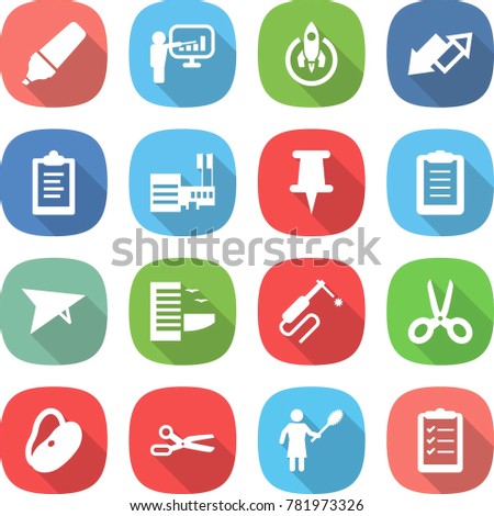 flat vector icon set - marker vector, presentation, rocket, up down arrow, clipboard, mall, pin, deltaplane, hotel, welding, scissors, beans, woman with duster, list