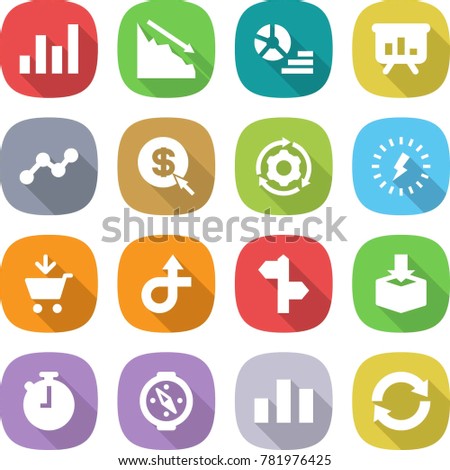 flat vector icon set - graph vector, crisis, diagram, presentation, dollar arrow, around gear, lightning, add to cart, trip, signpost, package, stopwatch, compass, chart, reload